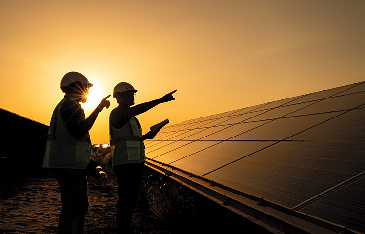 Badi Sid, Rajasthan - AGEL site team at sunset by a solar farm
