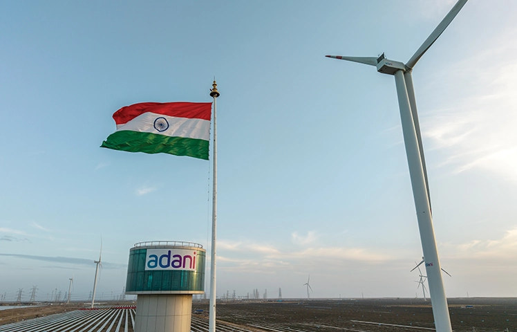 Khavda, Gujarat - wind and solar with Adani flag